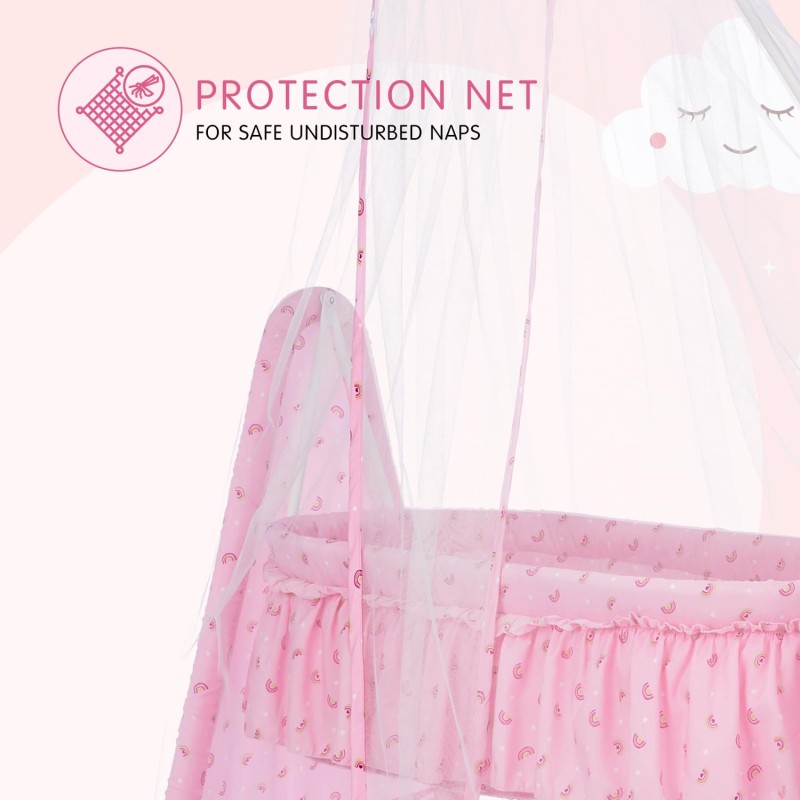 Supples Baby Cradle with Swing and Mosquito Net | Pink | for Babies up to 10 Months | Sturdy and Safe Design | 4 Wheels with Brakes | with Swing Lock and Storage Supples Baby Cradle with Swing and Mosquito Net | Pink | for Babies up to 10 Months | Sturdy and Safe Design | 4 Wheels with Brakes | with Swing Lock and Storage