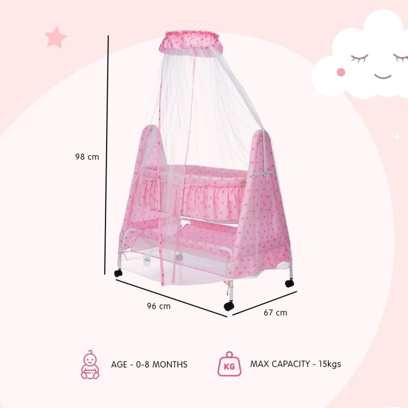 Supples Baby Cradle with Swing and Mosquito Net | Pink | for Babies up to 10 Months | Sturdy and Safe Design | 4 Wheels with Brakes | with Swing Lock and Storage Supples Baby Cradle with Swing and Mosquito Net | Pink | for Babies up to 10 Months | Sturdy and Safe Design | 4 Wheels with Brakes | with Swing Lock and Storage