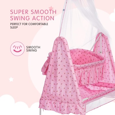 Supples Baby Cradle with Swing and Mosquito Net | Pink | for Babies up to 10 Months | Sturdy and Safe Design | 4 Wheels with Brakes | with Swing Lock and Storage