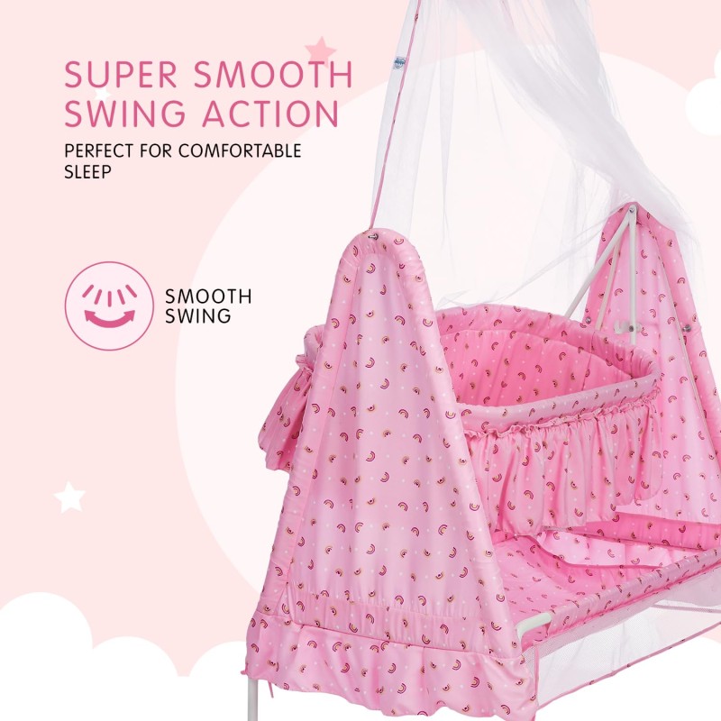 Supples Baby Cradle with Swing and Mosquito Net | Pink | for Babies up to 10 Months | Sturdy and Safe Design | 4 Wheels with Brakes | with Swing Lock and Storage Supples Baby Cradle with Swing and Mosquito Net | Pink | for Babies up to 10 Months | Sturdy and Safe Design | 4 Wheels with Brakes | with Swing Lock and Storage