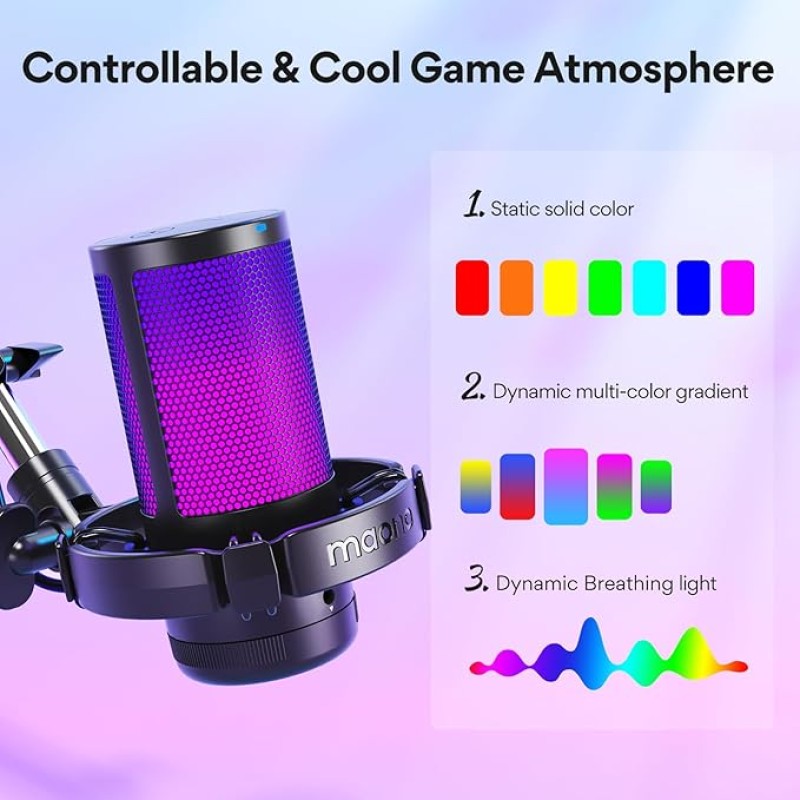 Maono RGB Condenser Mic with Noise Cancellation, USB Gaming Podcast Microphone with Adjustable RGB Lights, 1-Click Mute, Mic Gain, 0-Lantency Monitoring for YouTube Video Recording, PC (DGM20S-Black) Maono RGB Condenser Mic with Noise Cancellation, USB Gaming Podcast Microphone with Adjustable RGB Lights, 1-Click Mute, Mic Gain, 0-Lantency Monitoring for YouTube Video Recording, PC (DGM20S-Black)