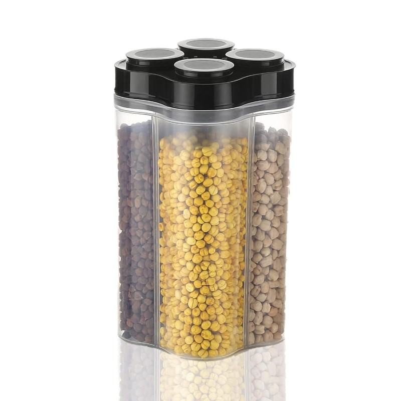 Clazkit Airtight Transparent Plastic Lock Food Storage 4 Section Container Jar for Grocery, Fridge Container Pack of 1, 2500ML - Black Clazkit Airtight Transparent Plastic Lock Food Storage 4 Section Container Jar for Grocery, Fridge Container Pack of 1, 2500ML - Black