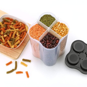 Clazkit Airtight Transparent Plastic Lock Food Storage 4 Section Container Jar for Grocery, Fridge Container Pack of 1, 2500ML - Black