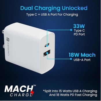 Portronics Adapto 70 33W Fast Charger Adapter with Dual Output (USB + Type C) Supports PPS Charging Via Type C Port, 27W Dash, Warp 27W, Dart, Super Dart 27W(White) Portronics Adapto 70 33W Fast Charger Adapter with Dual Output (USB + Type C) Supports PPS Charging Via Type C Port, 27W Dash, Warp 27W, Dart, Super Dart 27W(White)