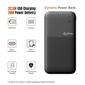 pTron Newly Launched Dynamo 10000mAh 22.5W Power Bank, Made in India, 20W PD Fast Charging, 3 Output, 2 Input Ports Type-C/PD & Micro USB, Li-Polymer Battery & Multiple Layers of Protection (Black) pTron Newly Launched Dynamo 10000mAh 22.5W Power Bank, Made in India, 20W PD Fast Charging, 3 Output, 2 Input Ports Type-C/PD & Micro USB, Li-Polymer Battery & Multiple Layers of Protection (Black)