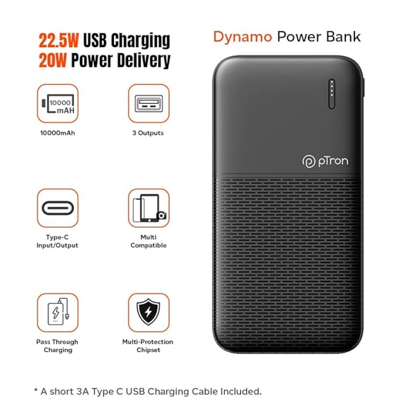 pTron Newly Launched Dynamo 10000mAh 22.5W Power Bank, Made in India, 20W PD Fast Charging, 3 Output, 2 Input Ports Type-C/PD & Micro USB, Li-Polymer Battery & Multiple Layers of Protection (Black) pTron Newly Launched Dynamo 10000mAh 22.5W Power Bank, Made in India, 20W PD Fast Charging, 3 Output, 2 Input Ports Type-C/PD & Micro USB, Li-Polymer Battery & Multiple Layers of Protection (Black)