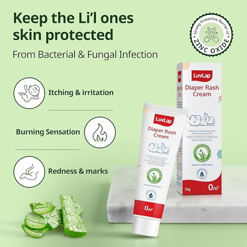 LuvLap Baby Diaper Rash Cream, 75g, Nappy cream for newborns & babies, Diaper Rash Prevention & treatment, Natural Cream with goodness of Aloe Vera, Vitamin E & Milk Protein, Dermatologically tested LuvLap Baby Diaper Rash Cream, 75g, Nappy cream for newborns & babies, Diaper Rash Prevention & treatment, Natural Cream with goodness of Aloe Vera, Vitamin E & Milk Protein, Dermatologically tested
