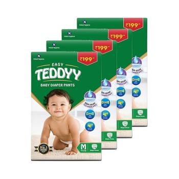 TEDDYY Baby Diapers Pants Easy Medium 56 Count (Pack of 4), 7-12 kgs, 12 hrs Leak Protection, Anti - Bacterial