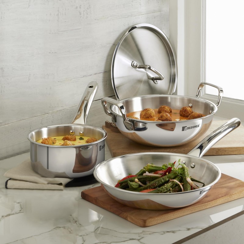 Bergner Tripro Triply Stainless Steel 4 Pc Cookware Set, 24 cm Indian Wok/Kadai with Lid, 22 cm Frypan, 16 cm Tea Pan, Even and Fast Heating, Induction Bottom, Gas Ready, Silver Bergner Tripro Triply Stainless Steel 4 Pc Cookware Set, 24 cm Indian Wok/Kadai with Lid, 22 cm Frypan, 16 cm Tea Pan, Even and Fast Heating, Induction Bottom, Gas Ready, Silver