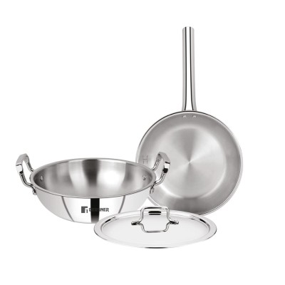 Bergner Tripro Triply Stainless Steel 3 Pc Cookware Set, 24 cm Indian Wok/Kadai with Lid, 22 cm Frypan Without Lid, Fast and Event Heating, Induction Bottom, Gas Ready, Silver Bergner Tripro Triply Stainless Steel 3 Pc Cookware Set, 24 cm Indian Wok/Kadai with Lid, 22 cm Frypan Without Lid, Fast and Event Heating, Induction Bottom, Gas Ready, Silver