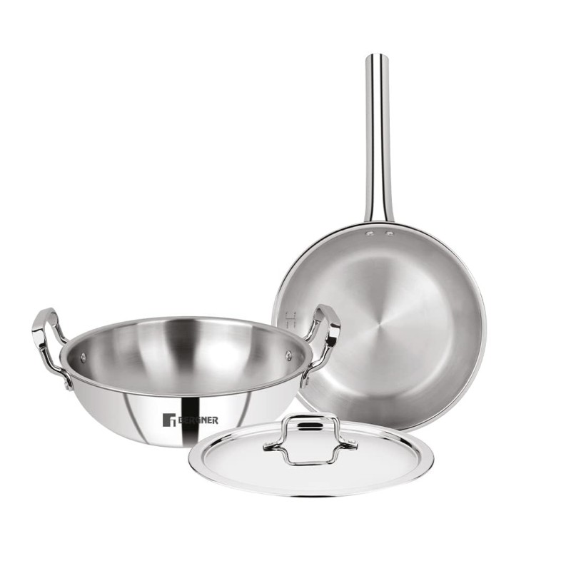 Bergner Tripro Triply Stainless Steel 3 Pc Cookware Set, 24 cm Indian Wok/Kadai with Lid, 22 cm Frypan Without Lid, Fast and Event Heating, Induction Bottom, Gas Ready, Silver Bergner Tripro Triply Stainless Steel 3 Pc Cookware Set, 24 cm Indian Wok/Kadai with Lid, 22 cm Frypan Without Lid, Fast and Event Heating, Induction Bottom, Gas Ready, Silver