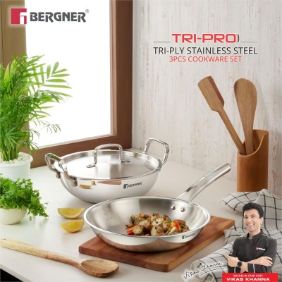 Bergner Tripro Triply Stainless Steel 3 Pc Cookware Set, 24 cm Indian Wok/Kadai with Lid, 22 cm Frypan Without Lid, Fast and Event Heating, Induction Bottom, Gas Ready, Silver Bergner Tripro Triply Stainless Steel 3 Pc Cookware Set, 24 cm Indian Wok/Kadai with Lid, 22 cm Frypan Without Lid, Fast and Event Heating, Induction Bottom, Gas Ready, Silver