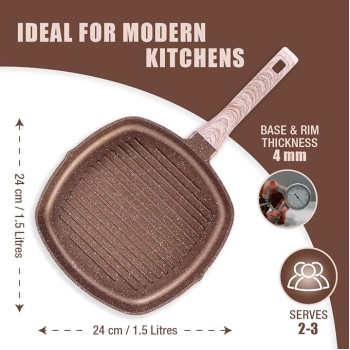 Wonderchef Duralife Die-cast Grill Pan | 5 Layer Healthy Duramax Non-Stick Coating | Soft Touch Handle | Pure Grade Aluminium | PFOA Free | 1.5 liters, 24 cm | 2 Year Warranty Copper Wonderchef Duralife Die-cast Grill Pan | 5 Layer Healthy Duramax Non-Stick Coating | Soft Touch Handle | Pure Grade Aluminium | PFOA Free | 1.5 liters, 24 cm | 2 Year Warranty Copper