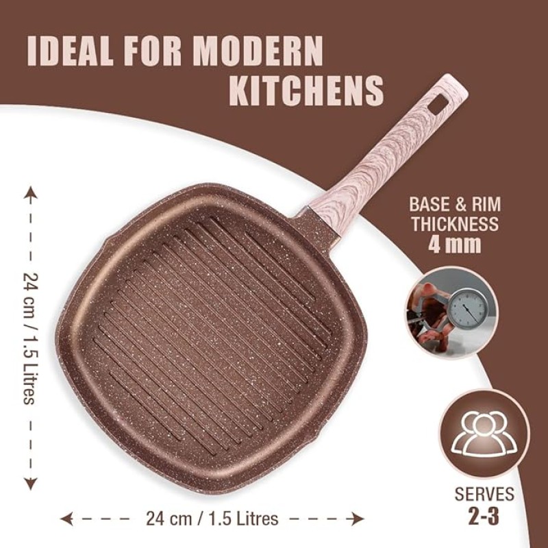 Wonderchef Duralife Die-cast Grill Pan | 5 Layer Healthy Duramax Non-Stick Coating | Soft Touch Handle | Pure Grade Aluminium | PFOA Free | 1.5 liters, 24 cm | 2 Year Warranty Copper Wonderchef Duralife Die-cast Grill Pan | 5 Layer Healthy Duramax Non-Stick Coating | Soft Touch Handle | Pure Grade Aluminium | PFOA Free | 1.5 liters, 24 cm | 2 Year Warranty Copper