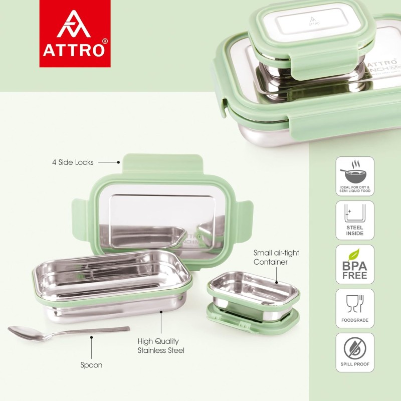 Attro Lunchmate Stainless Steel Airtight Leak-Proof Lunch Box for Office, School, Picnic, 800 Ml - Green Attro Lunchmate Stainless Steel Airtight Leak-Proof Lunch Box for Office, School, Picnic, 800 Ml - Green