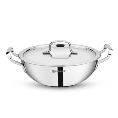 BERGNER Tripro TriPly Stainless Steel 22cm (2.35 L) Deep Kadai/Indian Wok with Lid, Heavy Bottom, Metal Spatual Friendly, Induction Base and Gas Ready BERGNER Tripro TriPly Stainless Steel 22cm (2.35 L) Deep Kadai/Indian Wok with Lid, Heavy Bottom, Metal Spatual Friendly, Induction Base and Gas Ready