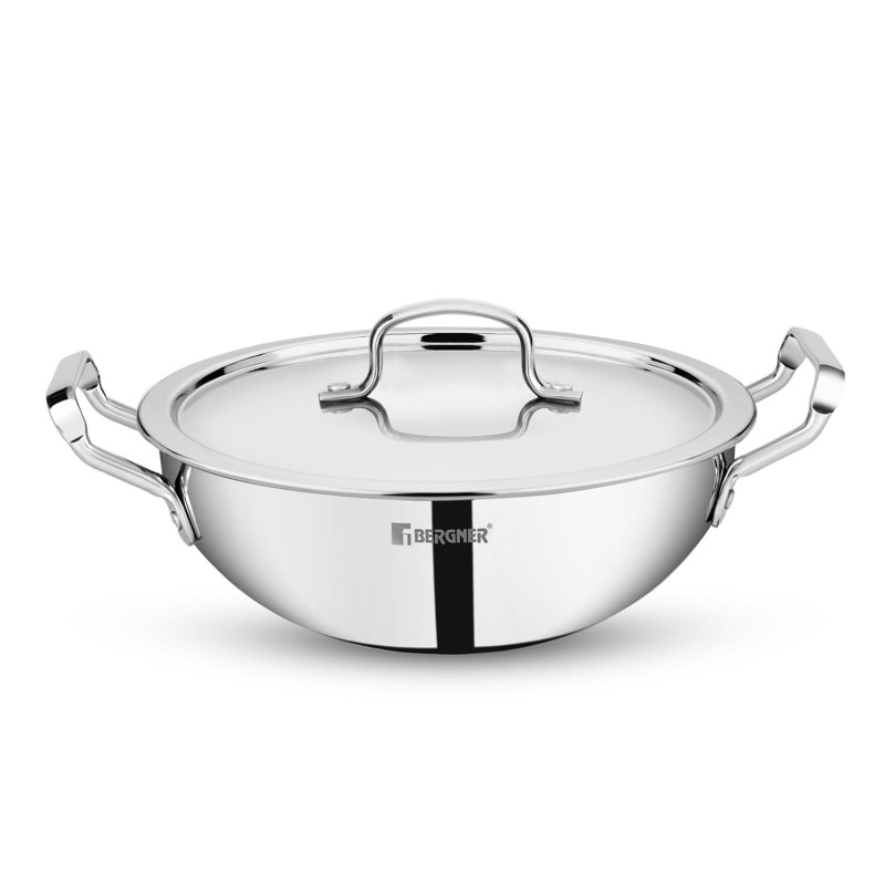 BERGNER Tripro TriPly Stainless Steel 22cm (2.35 L) Deep Kadai/Indian Wok with Lid, Heavy Bottom, Metal Spatual Friendly, Induction Base and Gas Ready BERGNER Tripro TriPly Stainless Steel 22cm (2.35 L) Deep Kadai/Indian Wok with Lid, Heavy Bottom, Metal Spatual Friendly, Induction Base and Gas Ready