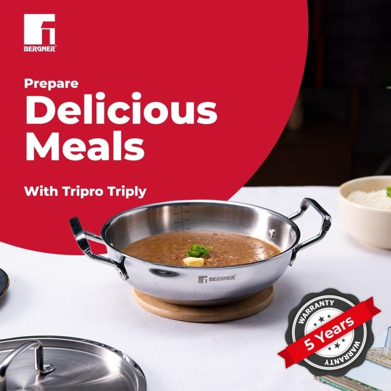 BERGNER Tripro TriPly Stainless Steel 22cm (2.35 L) Deep Kadai/Indian Wok with Lid, Heavy Bottom, Metal Spatual Friendly, Induction Base and Gas Ready BERGNER Tripro TriPly Stainless Steel 22cm (2.35 L) Deep Kadai/Indian Wok with Lid, Heavy Bottom, Metal Spatual Friendly, Induction Base and Gas Ready