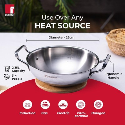 BERGNER Tripro TriPly Stainless Steel 22cm (2.35 L) Deep Kadai/Indian Wok with Lid, Heavy Bottom, Metal Spatual Friendly, Induction Base and Gas Ready BERGNER Tripro TriPly Stainless Steel 22cm (2.35 L) Deep Kadai/Indian Wok with Lid, Heavy Bottom, Metal Spatual Friendly, Induction Base and Gas Ready