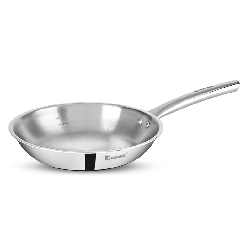 BERGNER Tripro TriPly Stainless Steel 22 cm Frypan/Skillet, 2.1 Litre Frying pan with Heavy Bottom, Metal Spatula Friendly, Induction Bottom and Gas Stove Ready (5-Year Warranty BERGNER Tripro TriPly Stainless Steel 22 cm Frypan/Skillet, 2.1 Litre Frying pan with Heavy Bottom, Metal Spatula Friendly, Induction Bottom and Gas Stove Ready (5-Year Warranty