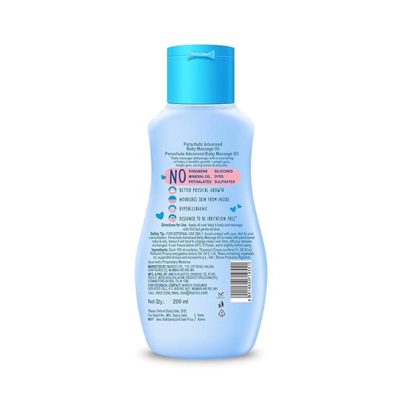 Parachute Advansed Baby Massage Oil for New Born| 100% Virgin Coconut Oil | Clinically Proven for Better Growth| Vitamin E & F| 200 Ml Parachute Advansed Baby Massage Oil for New Born| 100% Virgin Coconut Oil | Clinically Proven for Better Growth| Vitamin E & F| 200 Ml