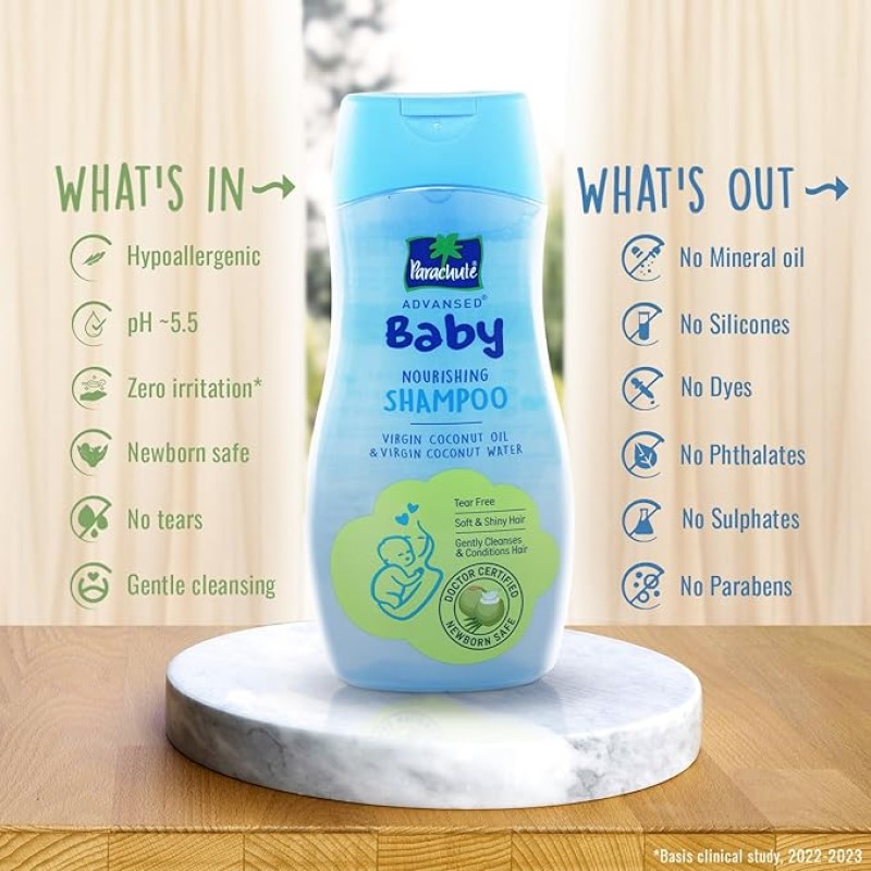 Parachute Advansed Baby Shampoo for Kids |Clear| Doctor Certified | Tear Free | Tender Coconut Water & Virgin Coconut Oil | Soft & Shiny Hair | 200ml Parachute Advansed Baby Shampoo for Kids |Clear| Doctor Certified | Tear Free | Tender Coconut Water & Virgin Coconut Oil | Soft & Shiny Hair | 200ml