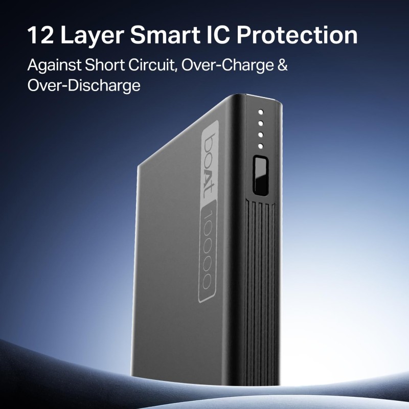 boAt Energyshroom PB300 Powerbank with 10000mAh Battery, 22.5w Fast Charging, 12-Layer Smart IC Protection, LED Indicators and Aluminum Alloy Casing USB Type-C Input (Carbon Black) boAt Energyshroom PB300 Powerbank with 10000mAh Battery, 22.5w Fast Charging, 12-Layer Smart IC Protection, LED Indicators and Aluminum Alloy Casing USB Type-C Input (Carbon Black)