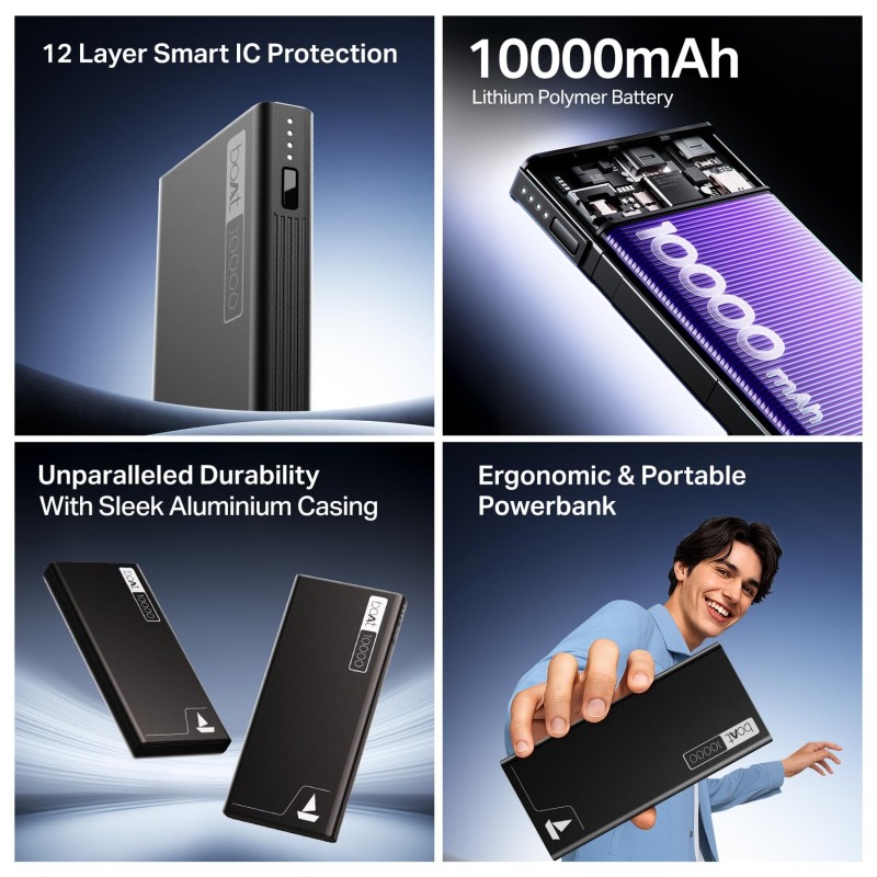 boAt Energyshroom PB300 Powerbank with 10000mAh Battery, 22.5w Fast Charging, 12-Layer Smart IC Protection, LED Indicators and Aluminum Alloy Casing USB Type-C Input (Carbon Black) boAt Energyshroom PB300 Powerbank with 10000mAh Battery, 22.5w Fast Charging, 12-Layer Smart IC Protection, LED Indicators and Aluminum Alloy Casing USB Type-C Input (Carbon Black)