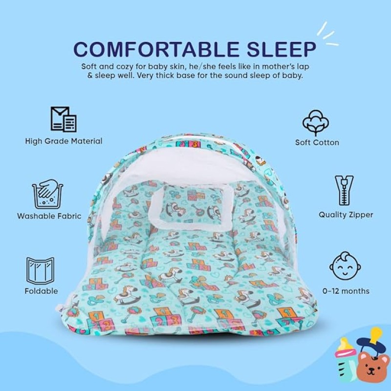 Bumtum Baby Horse Mosquito Net & Neck Throw Pillow, Baby Gadda Set for New Born, 0-6 Month, Printed Baby Bedding, Baby Sleeping Bed of 71Cm X 47Cm X 5Cm, Sky Blue, Cotton, Free Size Bumtum Baby Horse Mosquito Net & Neck Throw Pillow, Baby Gadda Set for New Born, 0-6 Month, Printed Baby Bedding, Baby Sleeping Bed of 71Cm X 47Cm X 5Cm, Sky Blue, Cotton, Free Size