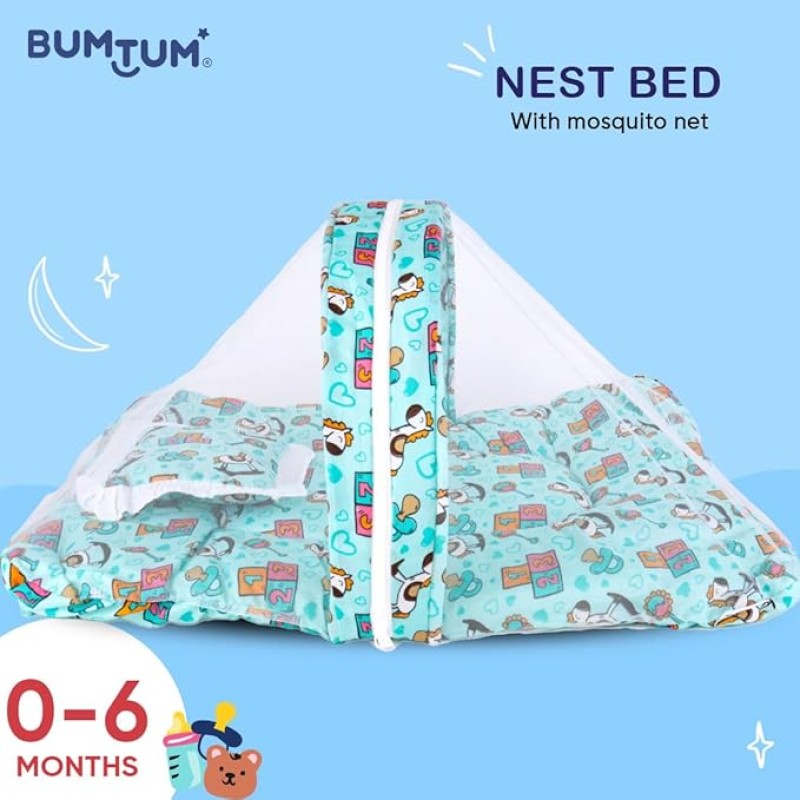 Bumtum Baby Horse Mosquito Net & Neck Throw Pillow, Baby Gadda Set for New Born, 0-6 Month, Printed Baby Bedding, Baby Sleeping Bed of 71Cm X 47Cm X 5Cm, Sky Blue, Cotton, Free Size Bumtum Baby Horse Mosquito Net & Neck Throw Pillow, Baby Gadda Set for New Born, 0-6 Month, Printed Baby Bedding, Baby Sleeping Bed of 71Cm X 47Cm X 5Cm, Sky Blue, Cotton, Free Size