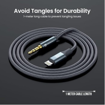 Portronics ikonnect L+ 8Pin to 3.5mm Aux Cable with 1M Length, Nylon Braided, Metal Heads, Gold Plated Connector Compatible with Cars, Mobiles, Headphones & Home Theatres(Black)