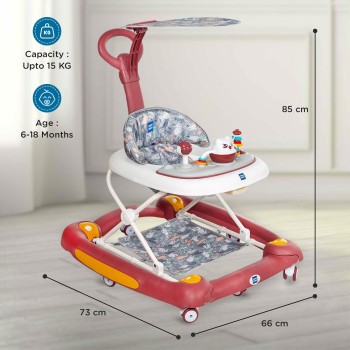 Mee Mee 2-in-1 Baby Walker & Rocker with Parental Push Handle, 3 Level Height Adjustable with Light & Musical Toys, 360° Rotating Wheels, Cushioned Walker for Baby 6-18 Months, Upto 15 Kg (Red)