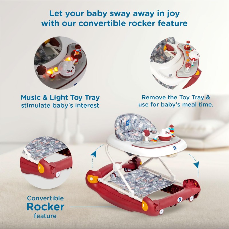 Mee Mee 2-in-1 Baby Walker & Rocker with Parental Push Handle, 3 Level Height Adjustable with Light & Musical Toys, 360° Rotating Wheels, Cushioned Walker for Baby 6-18 Months, Upto 15 Kg (Red) Mee Mee 2-in-1 Baby Walker & Rocker with Parental Push Handle, 3 Level Height Adjustable with Light & Musical Toys, 360° Rotating Wheels, Cushioned Walker for Baby 6-18 Months, Upto 15 Kg (Red)