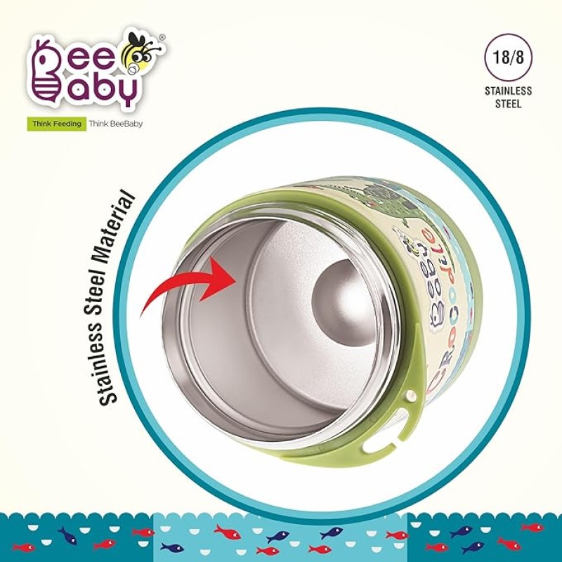 BEEBABY Steelios Double Vacuum Wall Insulated Food Jar Container with Spork (Spoon+Fork). Made of Food Grade Stainless Steel (SS304) for Toddlers, Babies. 100% BPA Free. 325 ML (Crocodile_Green) BEEBABY Steelios Double Vacuum Wall Insulated Food Jar Container with Spork (Spoon+Fork). Made of Food Grade Stainless Steel (SS304) for Toddlers, Babies. 100% BPA Free. 325 ML (Crocodile_Green)