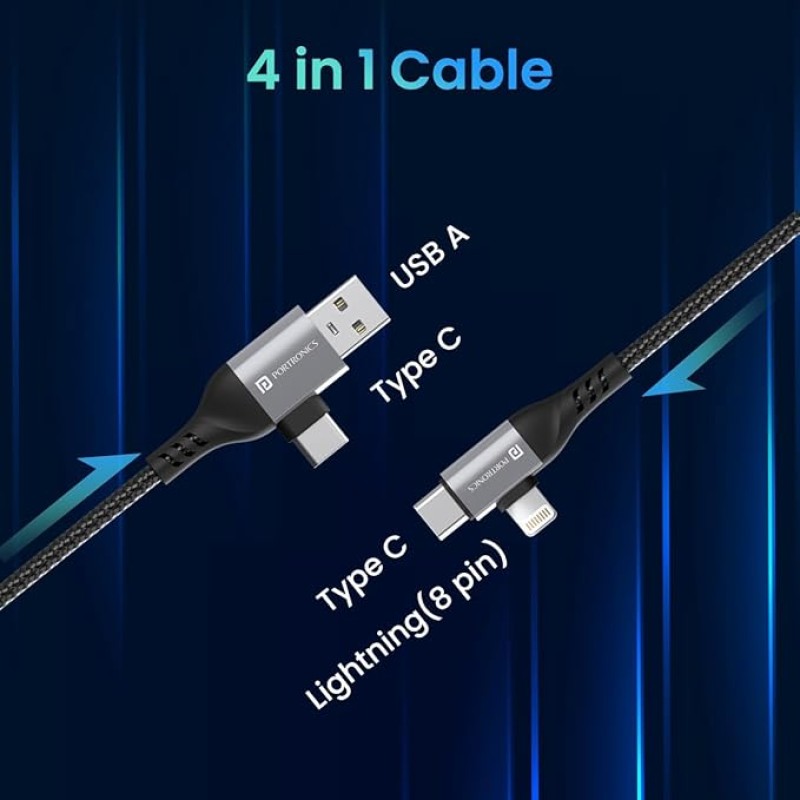 Portronics Konnect 4 IN 1 Unbreakable Nylon Braided Multi Functional Fast Charging Cable with Fast Data Transfer,Compatible with All Type C Android Smartphone & Lighting Device etc.(Black) Portronics Konnect 4 IN 1 Unbreakable Nylon Braided Multi Functional Fast Charging Cable with Fast Data Transfer,Compatible with All Type C Android Smartphone & Lighting Device etc.(Black)