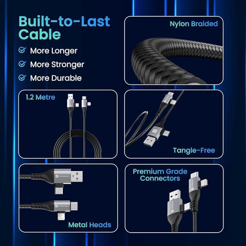 Portronics Konnect 4 IN 1 Unbreakable Nylon Braided Multi Functional Fast Charging Cable with Fast Data Transfer,Compatible with All Type C Android Smartphone & Lighting Device etc.(Black) Portronics Konnect 4 IN 1 Unbreakable Nylon Braided Multi Functional Fast Charging Cable with Fast Data Transfer,Compatible with All Type C Android Smartphone & Lighting Device etc.(Black)