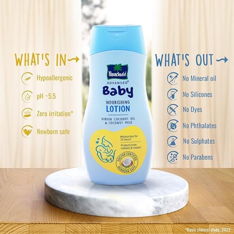 Parachute Advansed Baby Lotion for New Born Babies | Doctor Certified | Virgin Coconut Oil & Coconut Milk | Ph 5.5 | 24 Hour Moisturization | 410ml Parachute Advansed Baby Lotion for New Born Babies | Doctor Certified | Virgin Coconut Oil & Coconut Milk | Ph 5.5 | 24 Hour Moisturization | 410ml