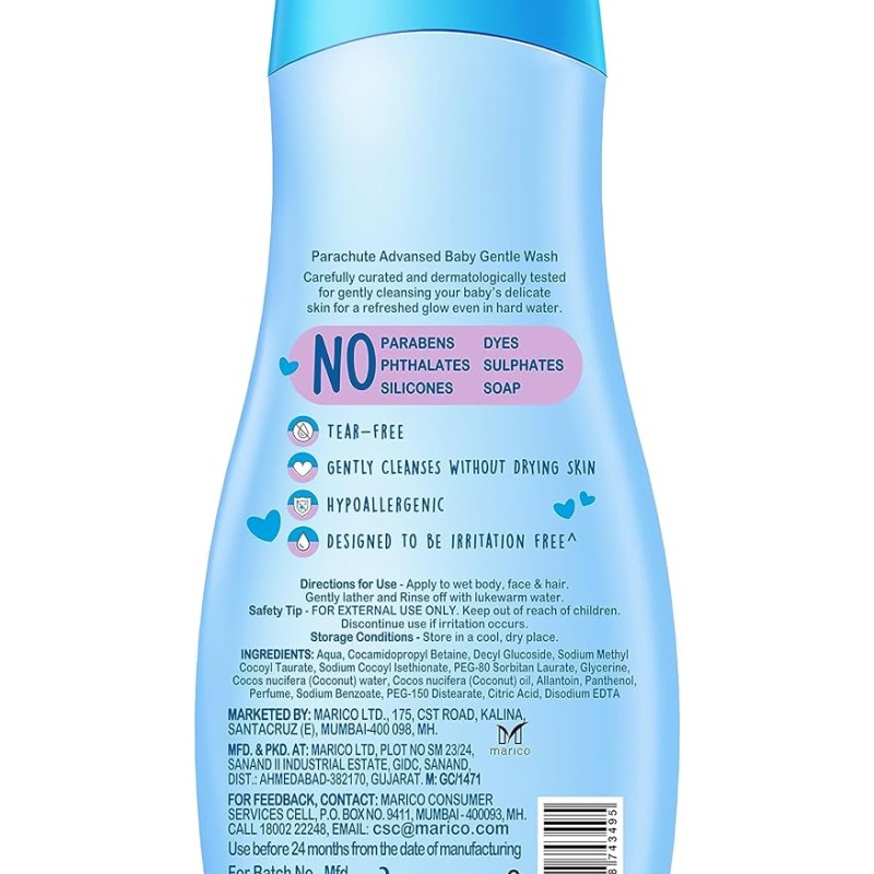 Parachute Advansed Baby Gentle Wash for New Born | Enriched with Virgin Coconut Oil | Gently cleanses in Hard water | Doctor certified | 410 ML Parachute Advansed Baby Gentle Wash for New Born | Enriched with Virgin Coconut Oil | Gently cleanses in Hard water | Doctor certified | 410 ML
