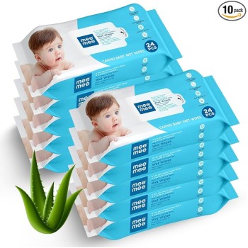 Mee Mee Soft Gentle Baby Wet Wipes (24 Wipes) Pack of 10 | Infused with Aloe Vera and Vitamin E | Paraben & Sulfate Free | Multipurpose Cleansing Wipes | Wipes Combo for Babies