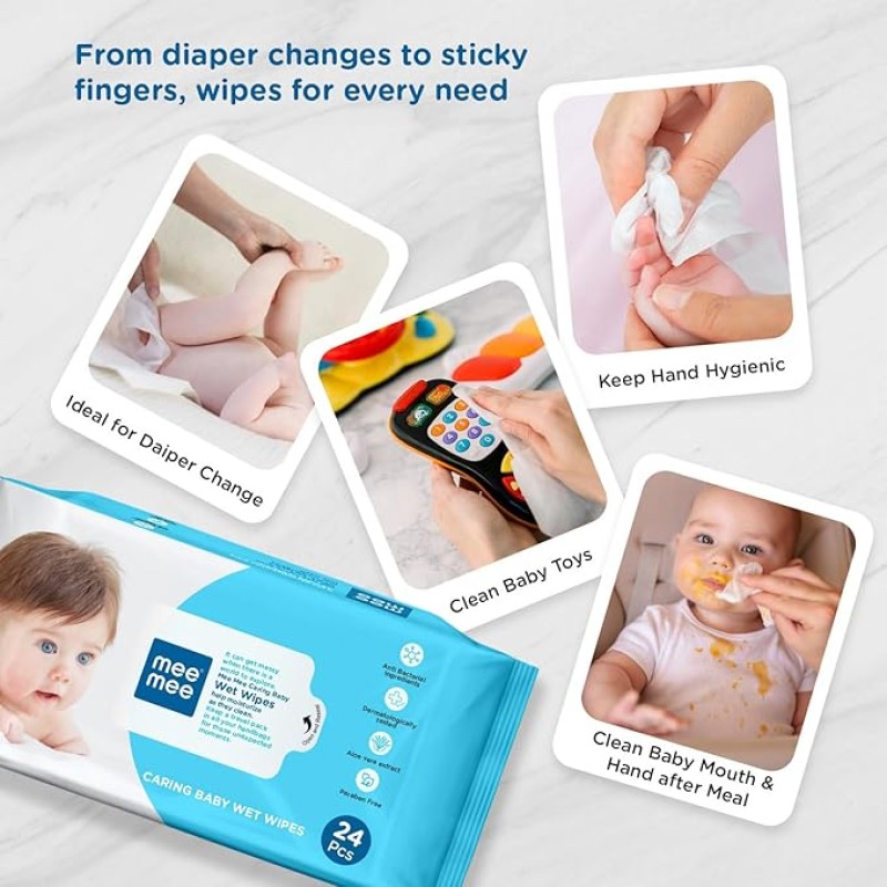 Mee Mee Soft Gentle Baby Wet Wipes (24 Wipes) Pack of 10 | Infused with Aloe Vera and Vitamin E | Paraben & Sulfate Free | Multipurpose Cleansing Wipes | Wipes Combo for Babies Mee Mee Soft Gentle Baby Wet Wipes (24 Wipes) Pack of 10 | Infused with Aloe Vera and Vitamin E | Paraben & Sulfate Free | Multipurpose Cleansing Wipes | Wipes Combo for Babies