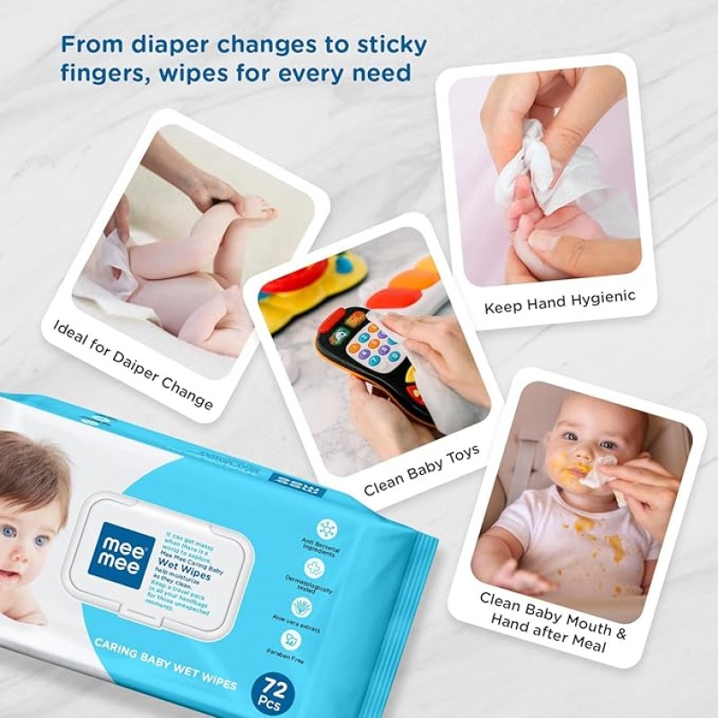 Mee Mee Soft Gentle Baby Wet Wipes (72 Wipes) Pack of 12 | Infused with Aloe Vera and Vitamin E | Paraben & Sulfate Free | Cleansing Wipes | Wipes Combo for Babies Mee Mee Soft Gentle Baby Wet Wipes (72 Wipes) Pack of 12 | Infused with Aloe Vera and Vitamin E | Paraben & Sulfate Free | Cleansing Wipes | Wipes Combo for Babies