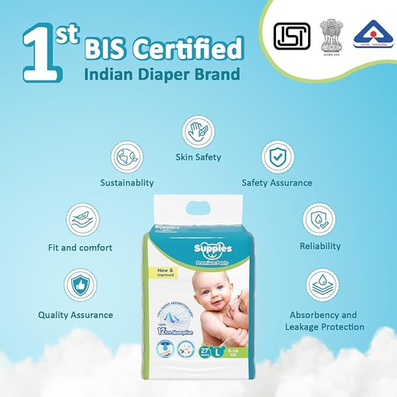Amazon Brand - Supples Premium Baby Diaper Pants | 27 Baby Diapers | Large | 9-14 Kg | 12 Hrs Absorption | Cushiony Cotton Soft Fabric | Phthalates-Free | Triple Leak Guard Amazon Brand - Supples Premium Baby Diaper Pants | 27 Baby Diapers | Large | 9-14 Kg | 12 Hrs Absorption | Cushiony Cotton Soft Fabric | Phthalates-Free | Triple Leak Guard