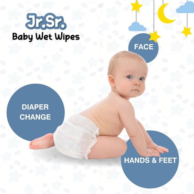 Jr. Sr. Baby Wipes with Aloe Vera, Vitamin E & Chamomile Oil | Pack of 3 | 240 Sheets Jr. Sr. Baby Wipes with Aloe Vera, Vitamin E & Chamomile Oil | Pack of 3 | 240 Sheets