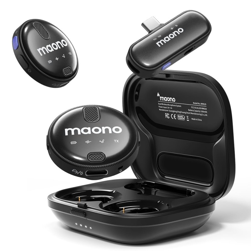 MAONO Wireless Collar Mic for YouTube PC and Type C Mobile, Noise Cancellation Lapel mic with 6H Battery, 100m Transmission, Gain, Mute, Monitoring for YouTube, Vlogging, Podcasting (WM620-Black) MAONO Wireless Collar Mic for YouTube PC and Type C Mobile, Noise Cancellation Lapel mic with 6H Battery, 100m Transmission, Gain, Mute, Monitoring for YouTube, Vlogging, Podcasting (WM620-Black)