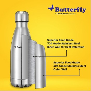 Butterfly Aura Stainless Steel Vacuum Flask | 350 ML | 24 Hours Hot & Cold | Rust Free | Wide Mouth | Lightweight | Leak Proof | Indoor, Outdoor Use | Thermo Flask | Silver Butterfly Aura Stainless Steel Vacuum Flask | 350 ML | 24 Hours Hot & Cold | Rust Free | Wide Mouth | Lightweight | Leak Proof | Indoor, Outdoor Use | Thermo Flask | Silver