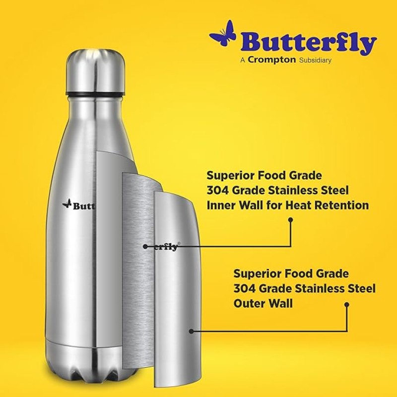 Butterfly Aura Stainless Steel Vacuum Flask | 350 ML | 24 Hours Hot & Cold | Rust Free | Wide Mouth | Lightweight | Leak Proof | Indoor, Outdoor Use | Thermo Flask | Silver Butterfly Aura Stainless Steel Vacuum Flask | 350 ML | 24 Hours Hot & Cold | Rust Free | Wide Mouth | Lightweight | Leak Proof | Indoor, Outdoor Use | Thermo Flask | Silver