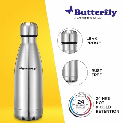 Butterfly Aura Stainless Steel Vacuum Flask | 350 ML | 24 Hours Hot & Cold | Rust Free | Wide Mouth | Lightweight | Leak Proof | Indoor, Outdoor Use | Thermo Flask | Silver