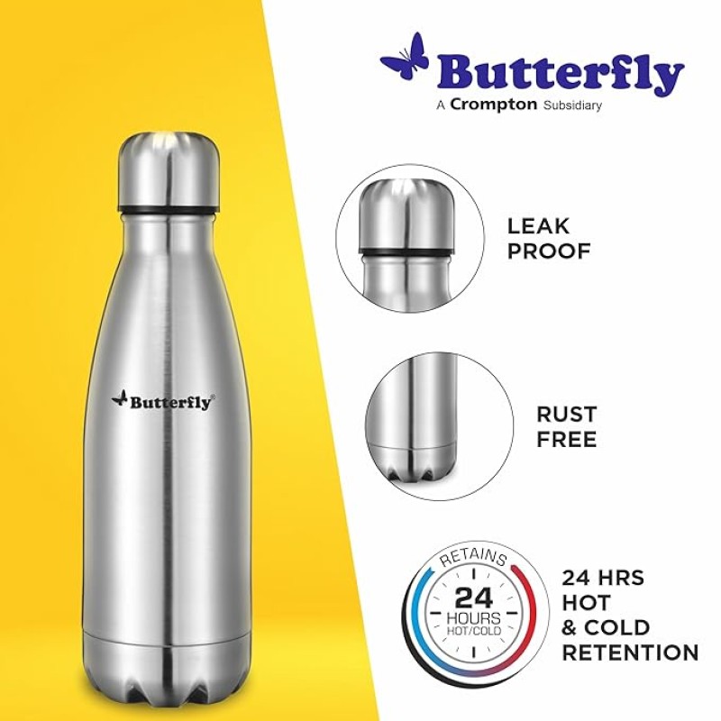 Butterfly Aura Stainless Steel Vacuum Flask | 350 ML | 24 Hours Hot & Cold | Rust Free | Wide Mouth | Lightweight | Leak Proof | Indoor, Outdoor Use | Thermo Flask | Silver Butterfly Aura Stainless Steel Vacuum Flask | 350 ML | 24 Hours Hot & Cold | Rust Free | Wide Mouth | Lightweight | Leak Proof | Indoor, Outdoor Use | Thermo Flask | Silver