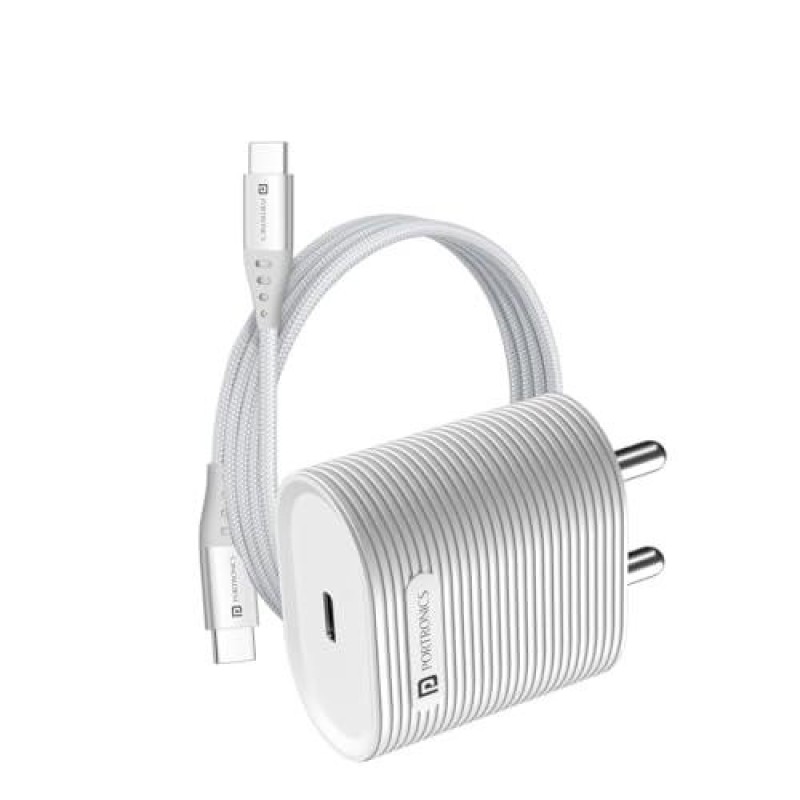 Portronics Adapto 33G 33W GaN Type C PD Port Fast Wall Charger Comes with 60W Nylon Braided Type C to Type C Fast Charging Cable, Compatible with iPhone 8 and Above, iPad, Tablet(White) Portronics Adapto 33G 33W GaN Type C PD Port Fast Wall Charger Comes with 60W Nylon Braided Type C to Type C Fast Charging Cable, Compatible with iPhone 8 and Above, iPad, Tablet(White)