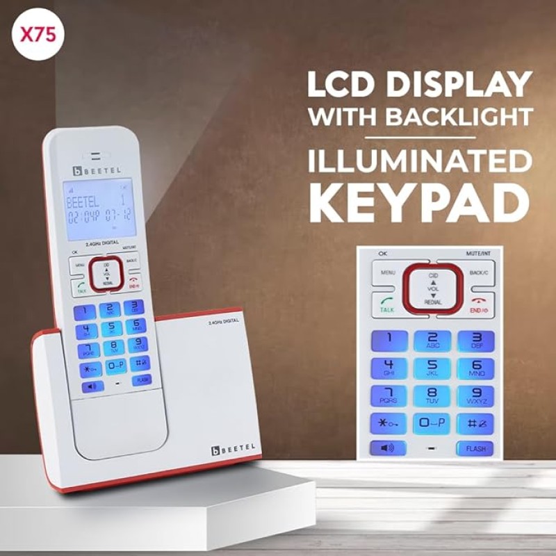 Beetel X75 2.4Ghz Cordless Landline Phone,Dual Mode DTMF/FSK,1 Line 7segment LCD Display & Blue LED Backlit,Illuminated Keypad,2 Way Speaker Phone,6 Step Ringer Volume Control(Red/White)(X75) Beetel X75 2.4Ghz Cordless Landline Phone,Dual Mode DTMF/FSK,1 Line 7segment LCD Display & Blue LED Backlit,Illuminated Keypad,2 Way Speaker Phone,6 Step Ringer Volume Control(Red/White)(X75)